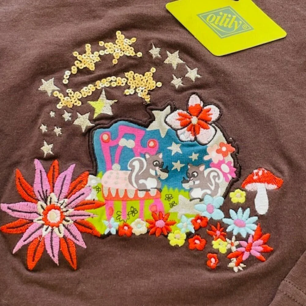 Oilily NWT Long Sleeved Graphic Mushroom Tee with Embroidery & Sequins 6 116